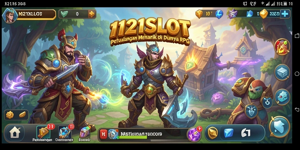 Screenshot utama 1121SLOT menunjukkan sekelompok pahlawan bertarung melawan monster jahat.