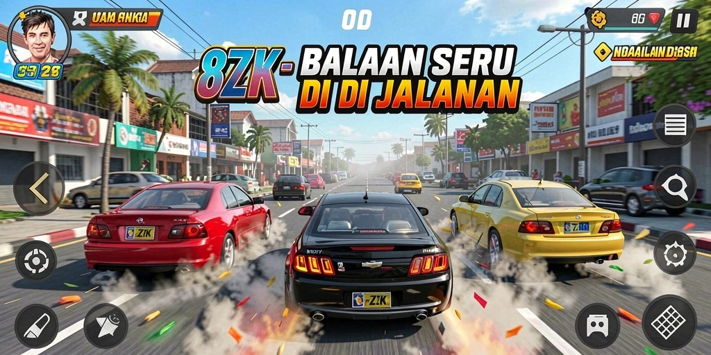 Screenshot gameplay 8ZK menunjukkan aksi balap yang mendebarkan.