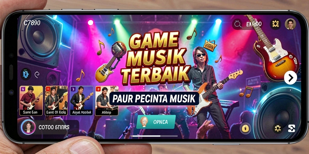 Screenshot C7890 menampilkan pemain berinteraksi dengan berbagai lagu musik.