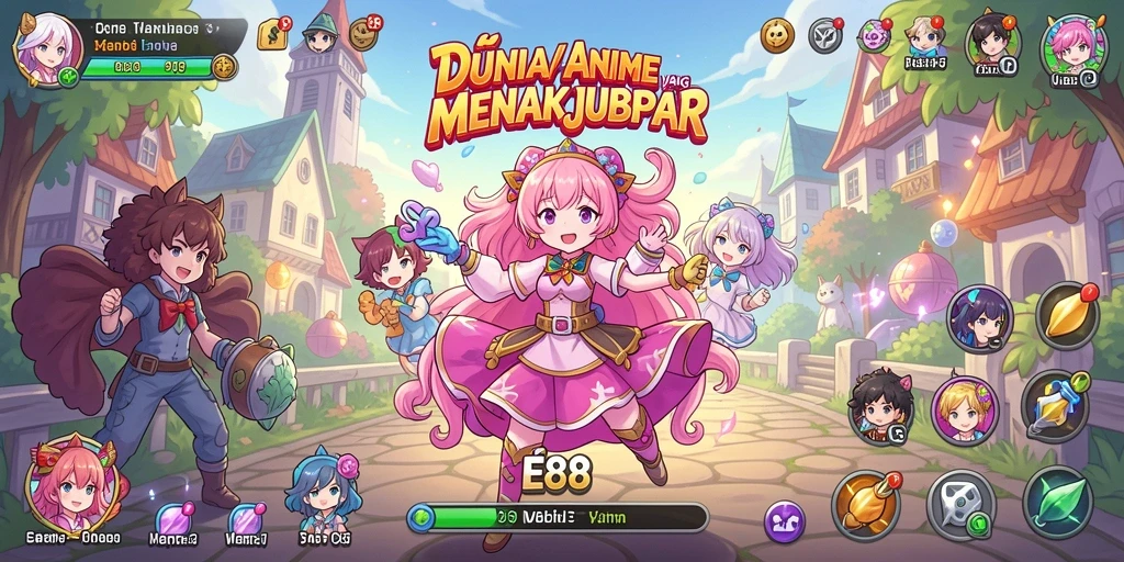 Tampilan gameplay E88 dengan karakter anime yang menarik dan latar belakang yang indah.