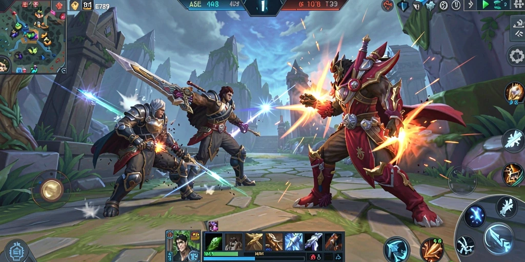 Tampilan gameplay EE789 di pertempuran MOBA yang menegangkan.