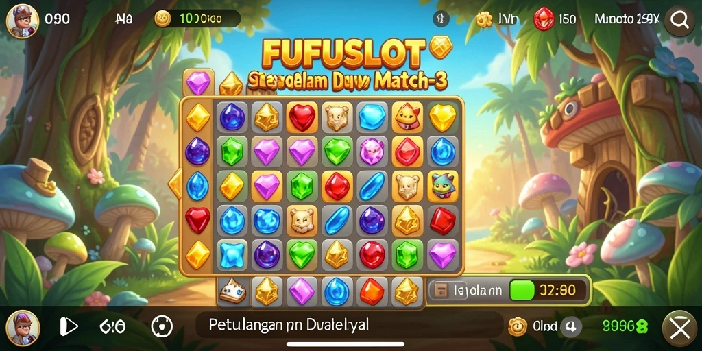 Tampilan gameplay seru FUFUSLOT dengan level Match-3 yang menarik.
