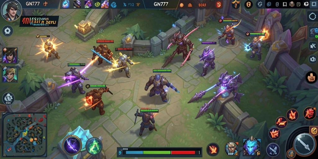 Screenshot gameplay GN777 menampilkan pertempuran seru antar hero di arena.