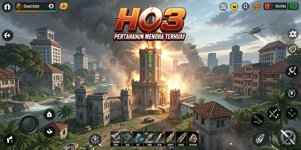Tampilan gameplay HO3 yang menegangkan dengan aksi menara pertahanan.