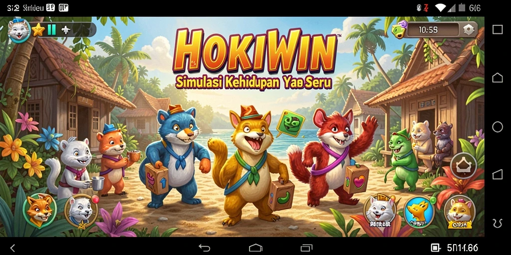 Screenshot gameplay HOKIWIN memperlihatkan interaksi karakter dalam simulasi kehidupan.
