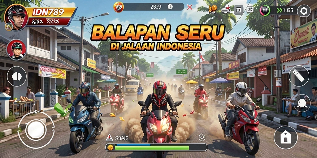 Screenshot IDN789 menampilkan aksi balapan menegangkan di jalanan yang ramai.