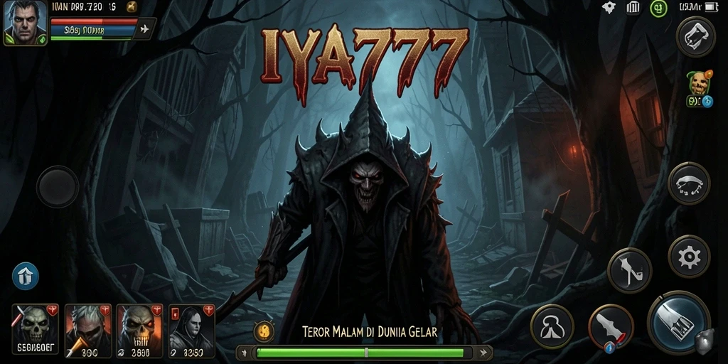 Screenshot utama IYA777 menunjukkan karakter yang terjebak dalam kegelapan yang menyeramkan.