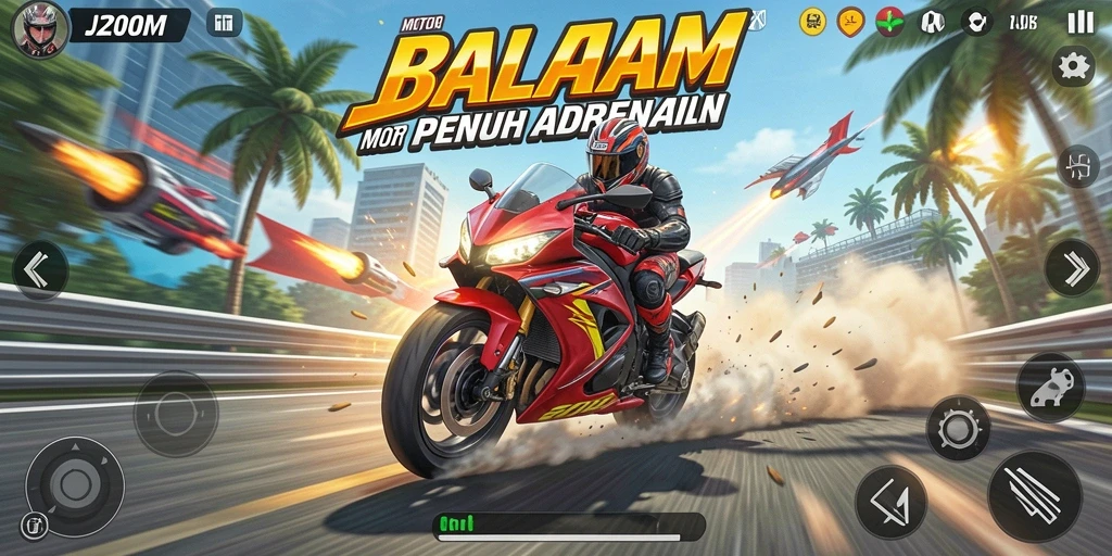 Tampilan menarik dari gameplay J200M dalam balapan motor.