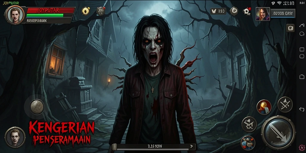 Tampilan gameplay menyeramkan dengan hantu menyeramkan.