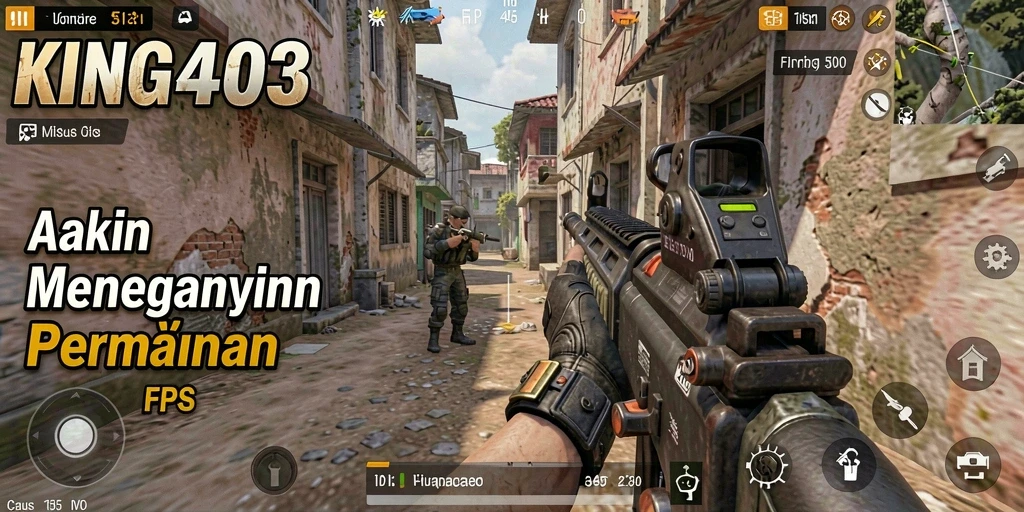Screenshot KING403 menampilkan pertempuran FPS yang mendebarkan.