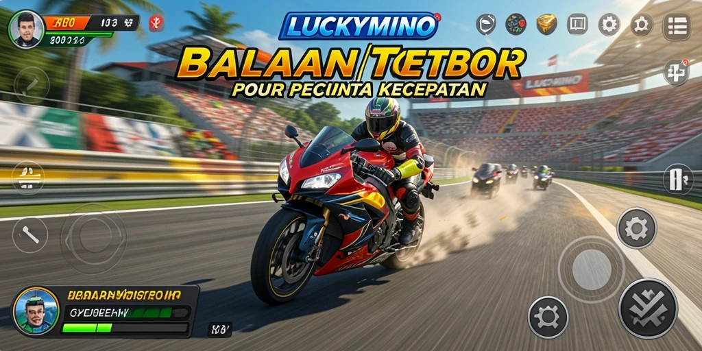 Screenshot gameplay LUCKYMINO menampilkan balapan motor yang mendebarkan.