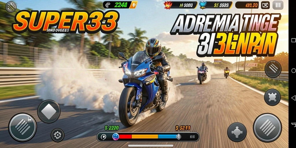 Tangkapan layar gameplay SUPER33 dengan aksi balapan motor yang mendebarkan.