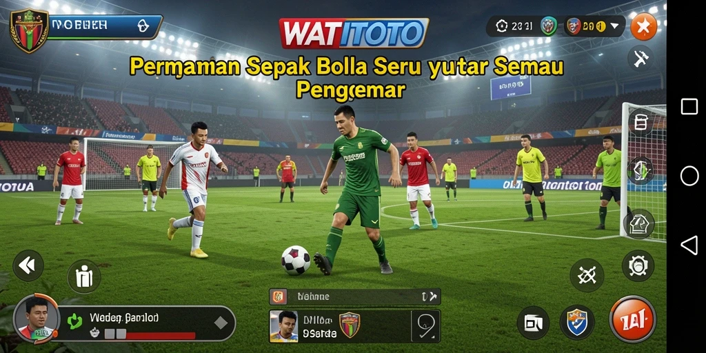 Tangkapan layar utama WATITOTO menampilkan aksi permainan sepak bola yang mendebarkan.